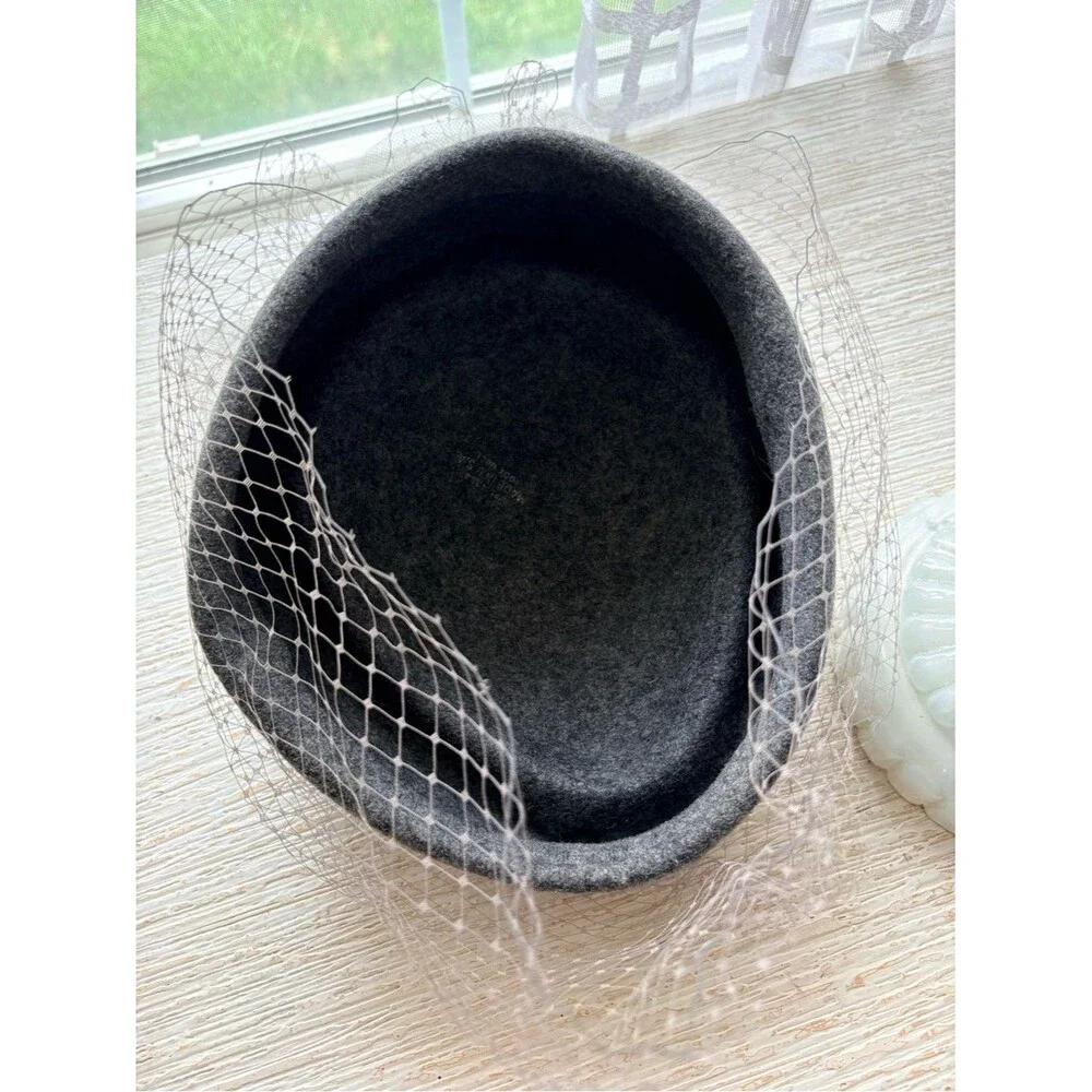 VTG Gray Wool Pillbox Mesh Veil Fascinator Hat